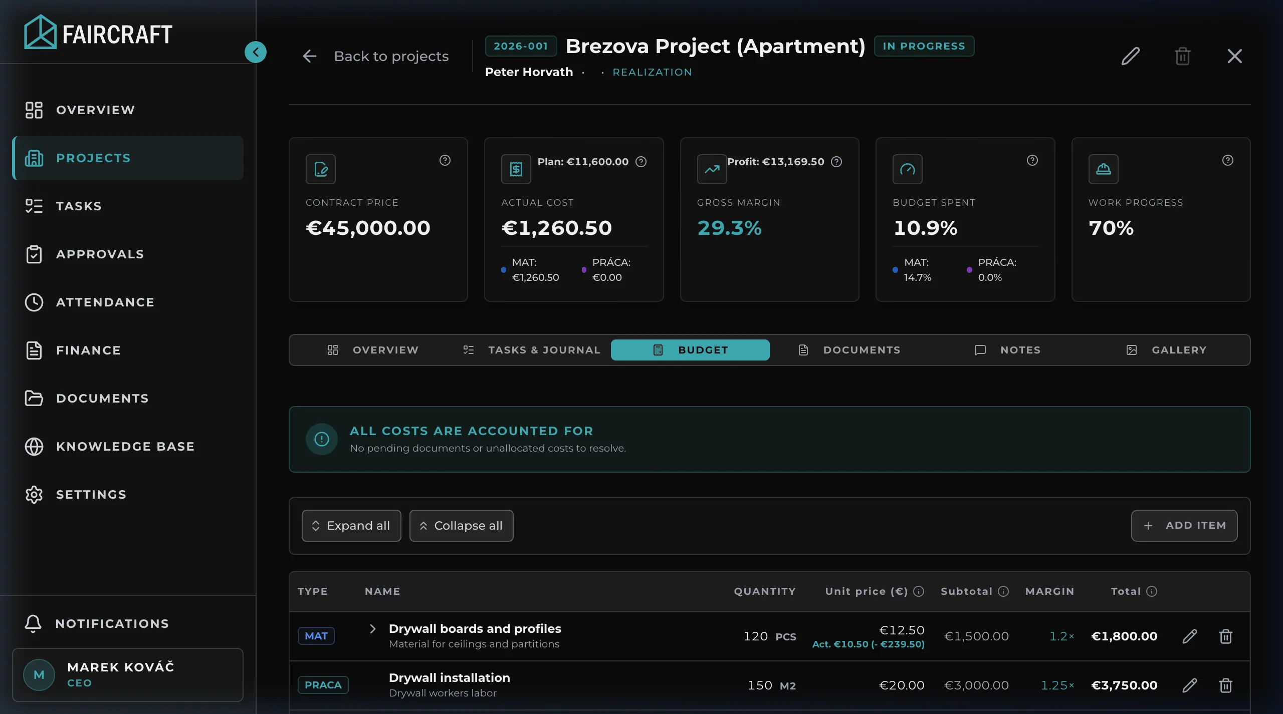 Faircraft Budget and Margins Portal